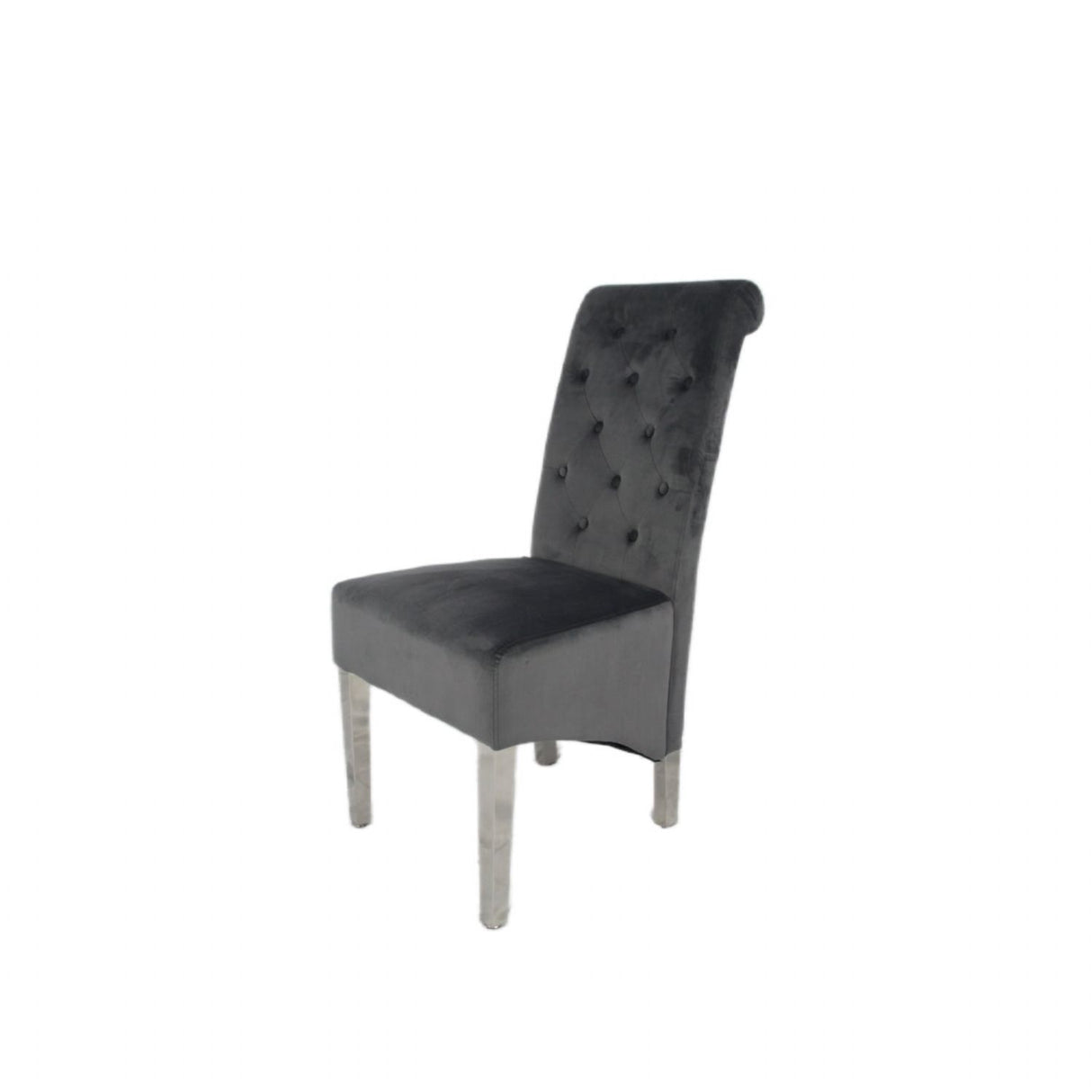 Luxury Dark Grey Velvet Dining Chair with Lion Knocker and Chrome Legs