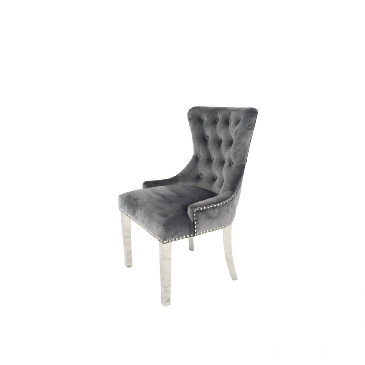 Luxury Dark Grey Velvet Dining Chair with Ring Knocker and Chrome Legs