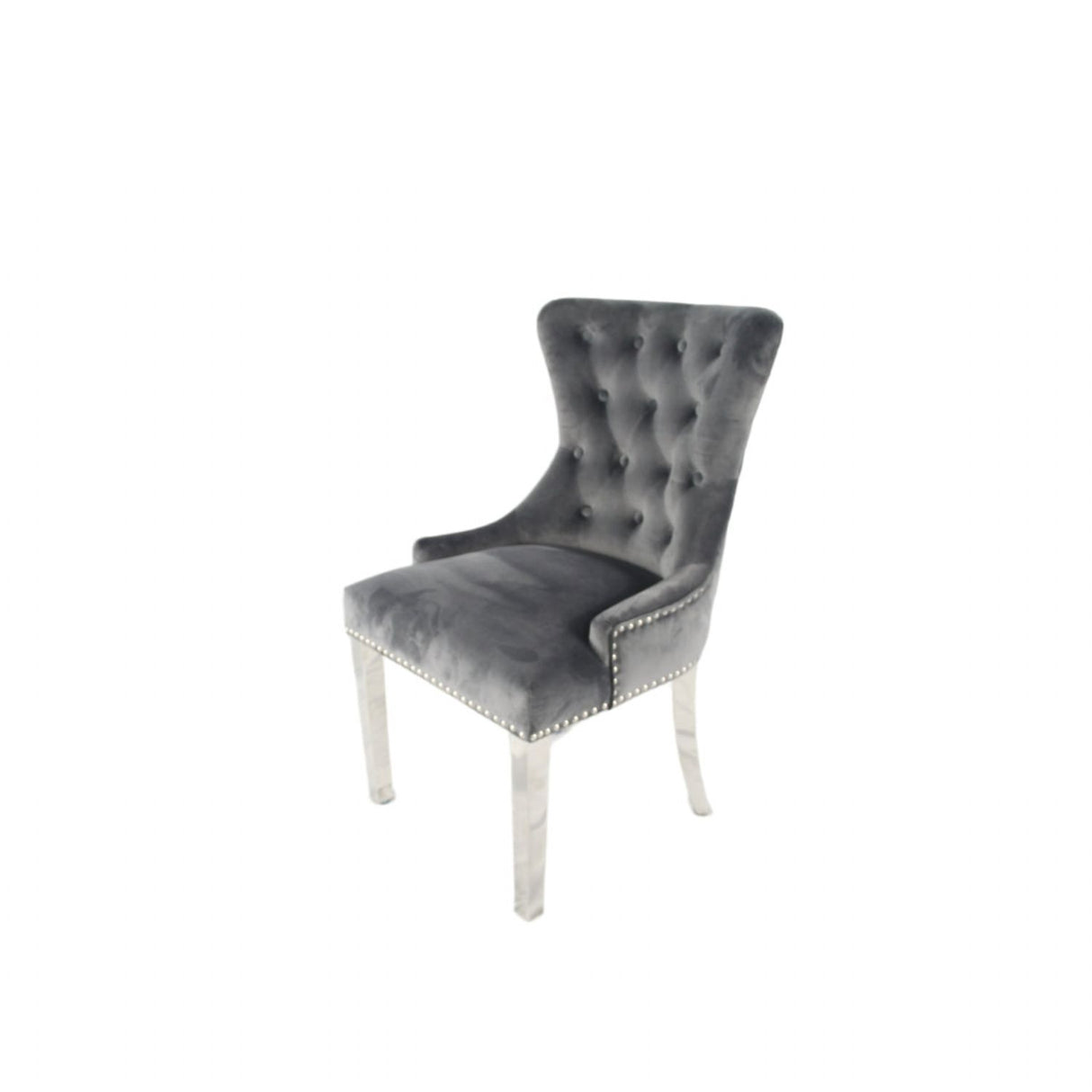 Luxury Dark Grey Velvet Dining Chair with Lion Knocker and Chrome Legs