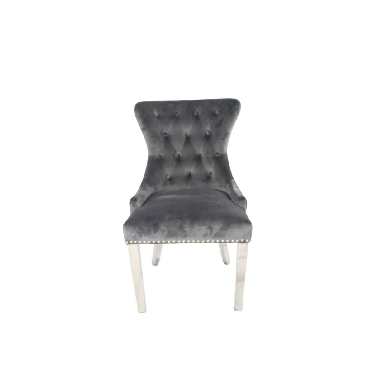 Luxury Dark Grey Velvet Dining Chair with Lion Knocker and Chrome Legs