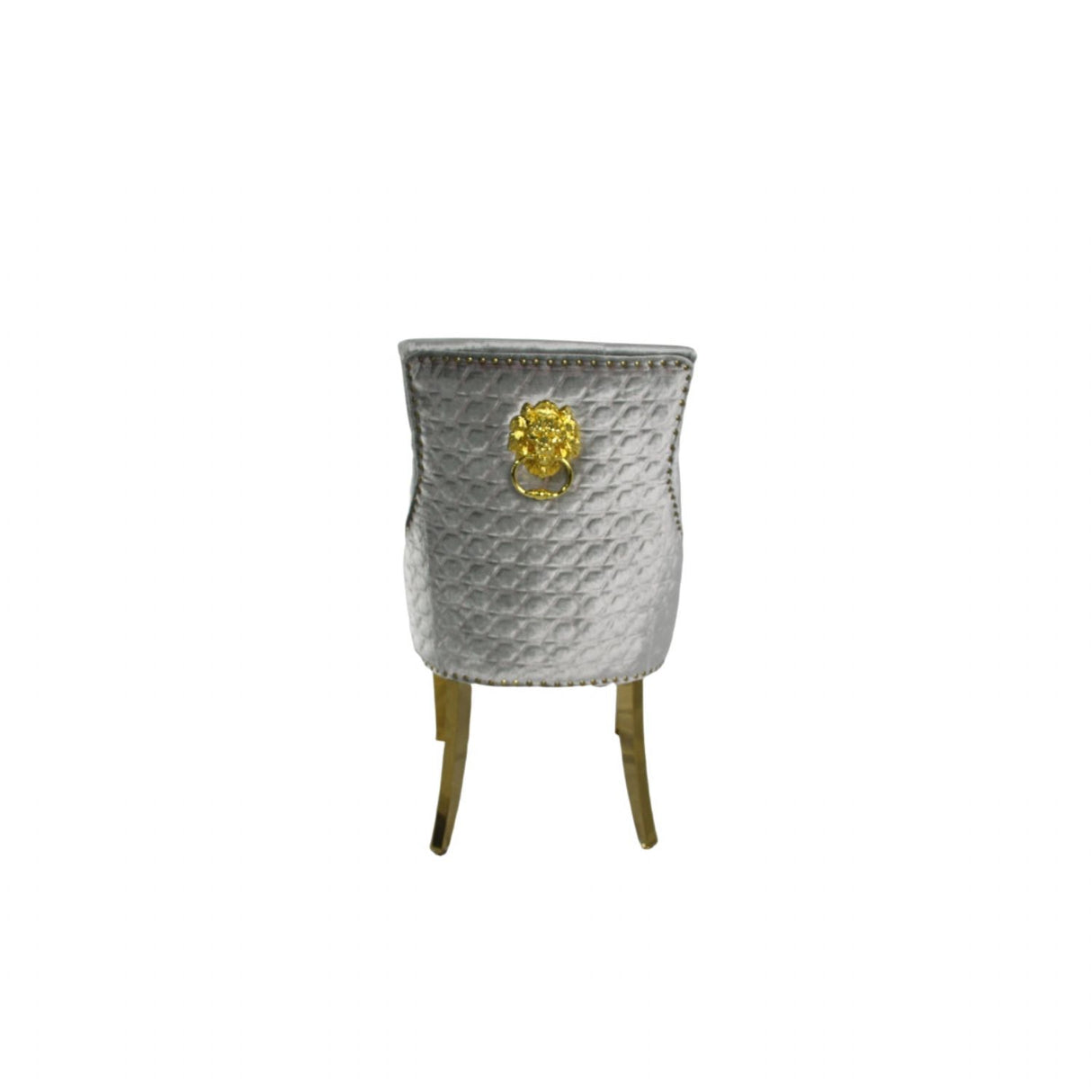 Luxury Silver Grey Shimmer Velvet Dining Chair with Lion Knocker and Gold Legs