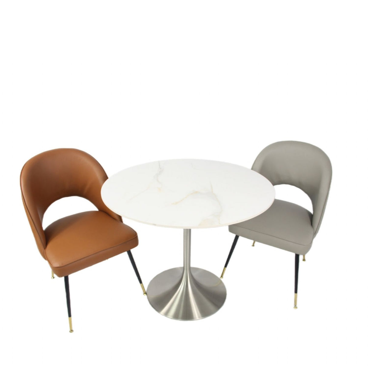 Luxury White Marble Effect Ceramic 0.9m Round Dining Table with Chrome Pedestal Base