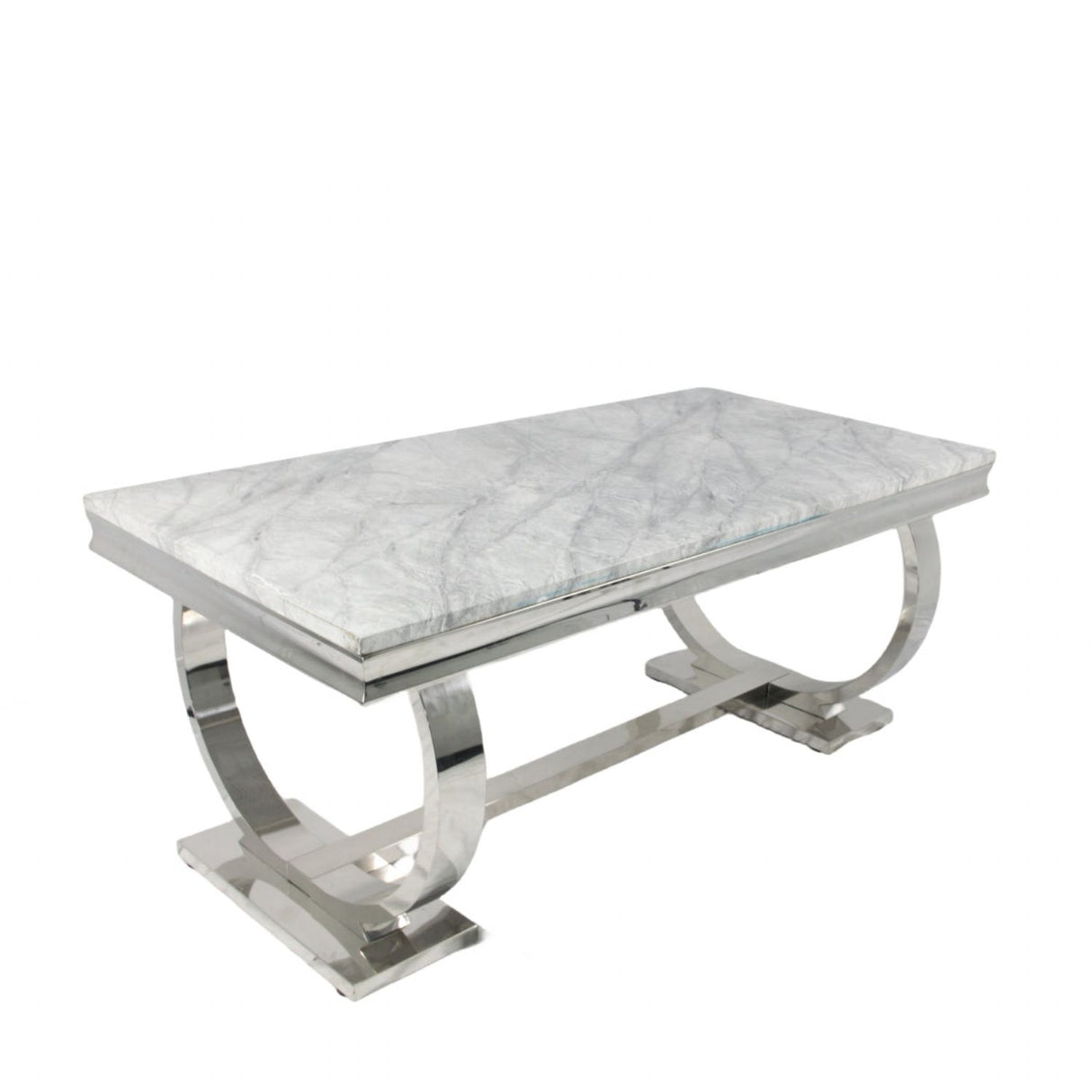 Luxury White Marble Effect Dining Table with Chrome Circular Pedestal Base
