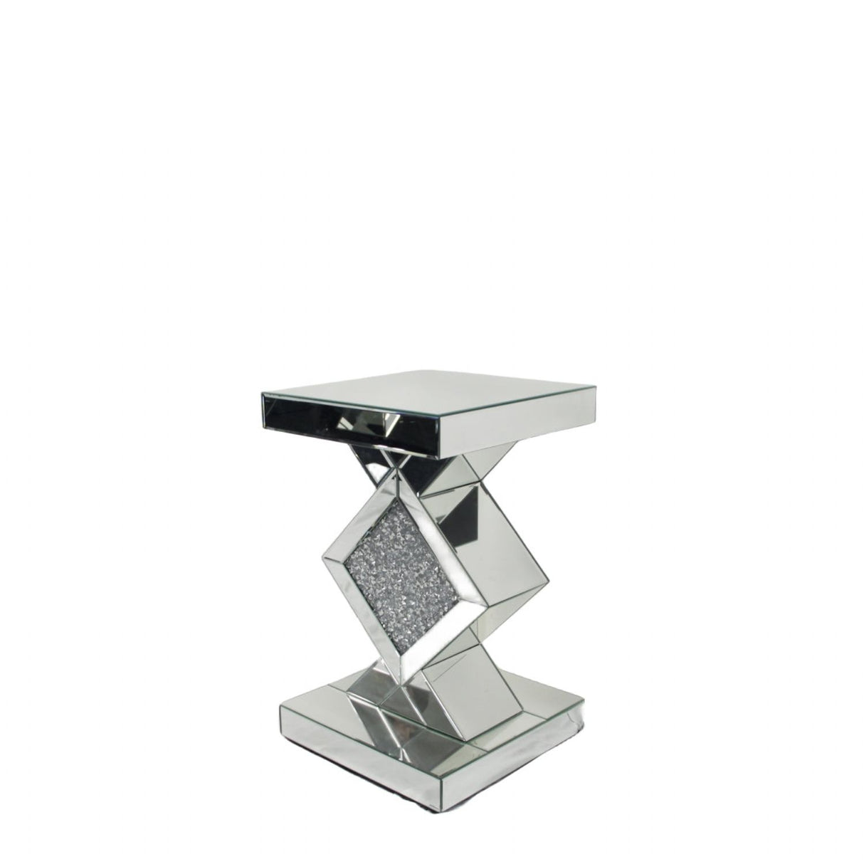 Mirrored Diamond Accent Pedestal Side Table with Crushed Crystal Centre