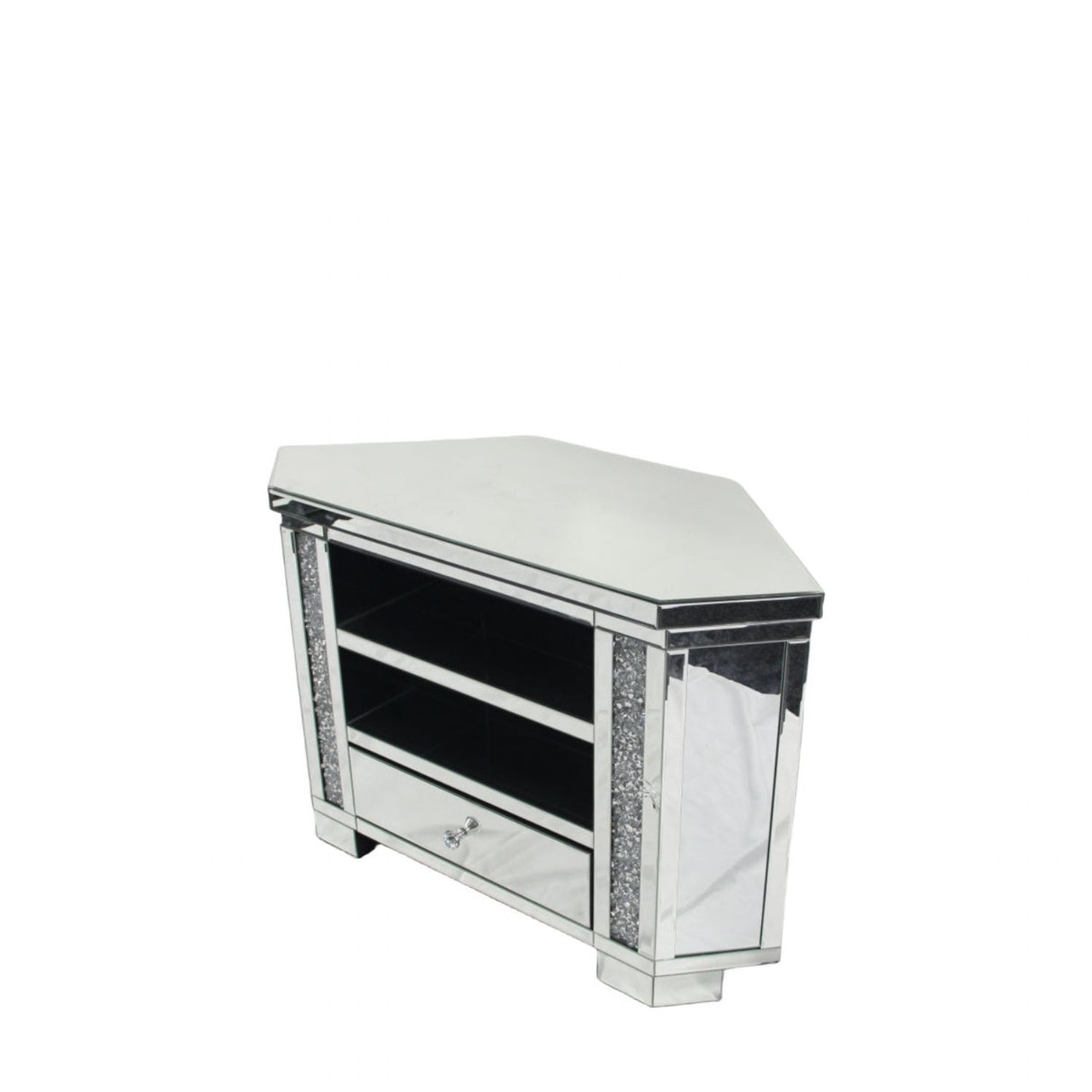 Mirrored Corner TV Unit with Crushed Crystal Side Panels and Storage Drawer