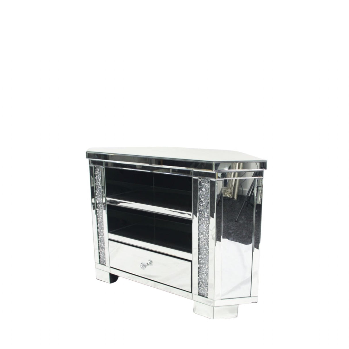 Mirrored Corner TV Unit with Crushed Crystal Side Panels and Storage Drawer