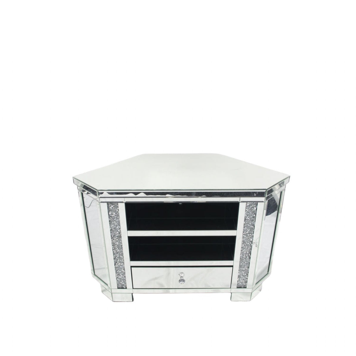 Mirrored Corner TV Unit with Crushed Crystal Side Panels and Storage Drawer