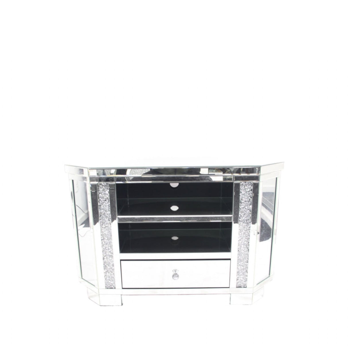 Mirrored Corner TV Unit with Crushed Crystal Side Panels and Storage Drawer