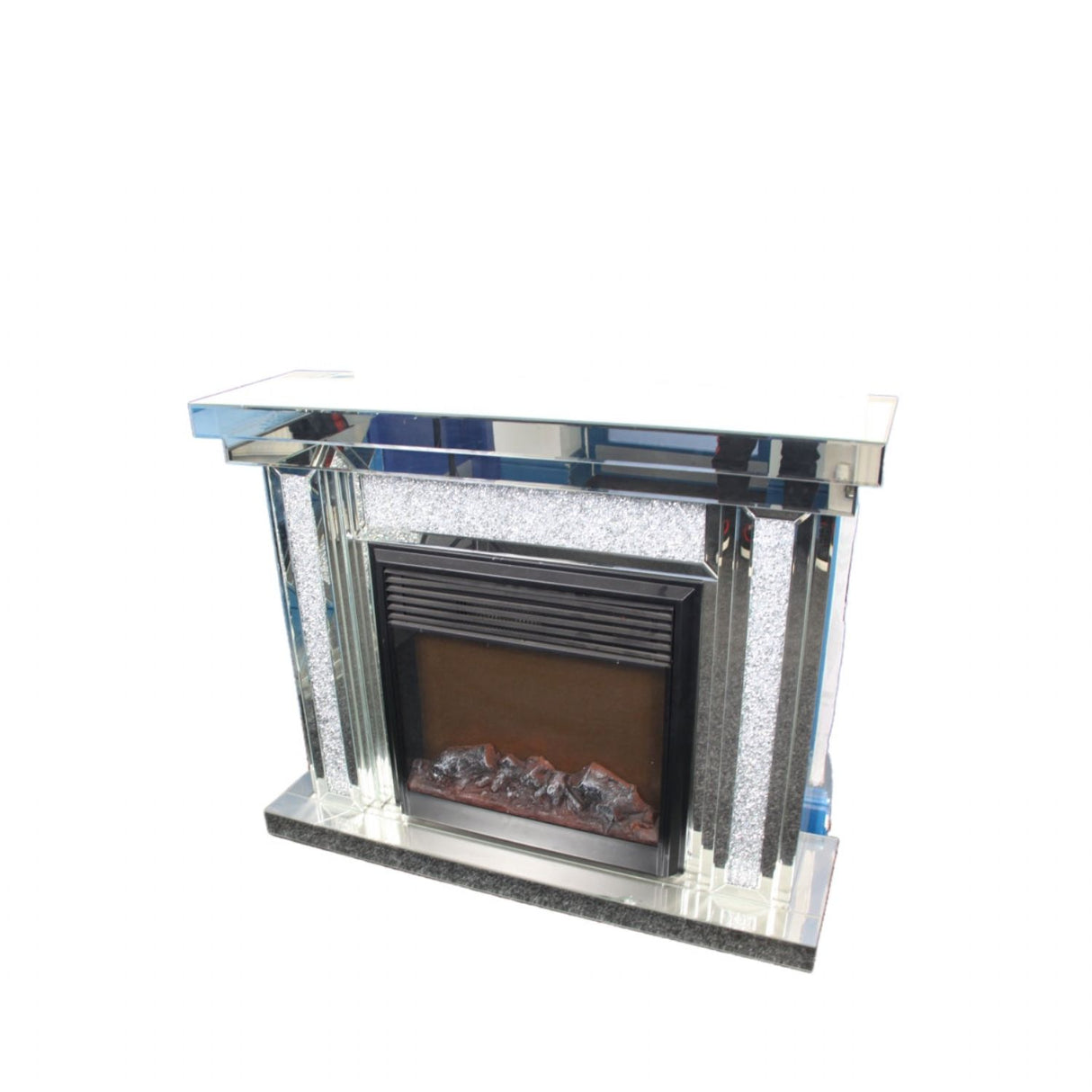 Modern Mirrored Fireplace Surround with Crushed Diamond Detailing and Electric Fire Insert