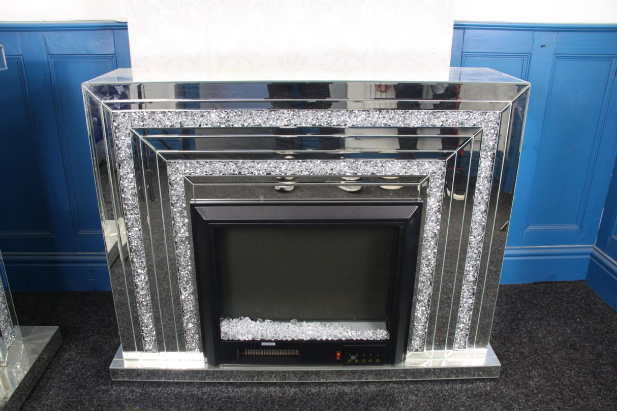 Silver Mirrored Fireplace Surround with Crystal and Colour Changing Electric Fire