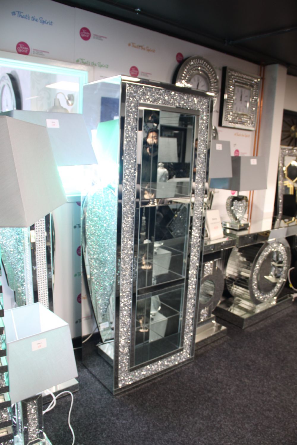 Mirrored High Display Bookcase with Crushed Crystal Frame and Glass Shelves