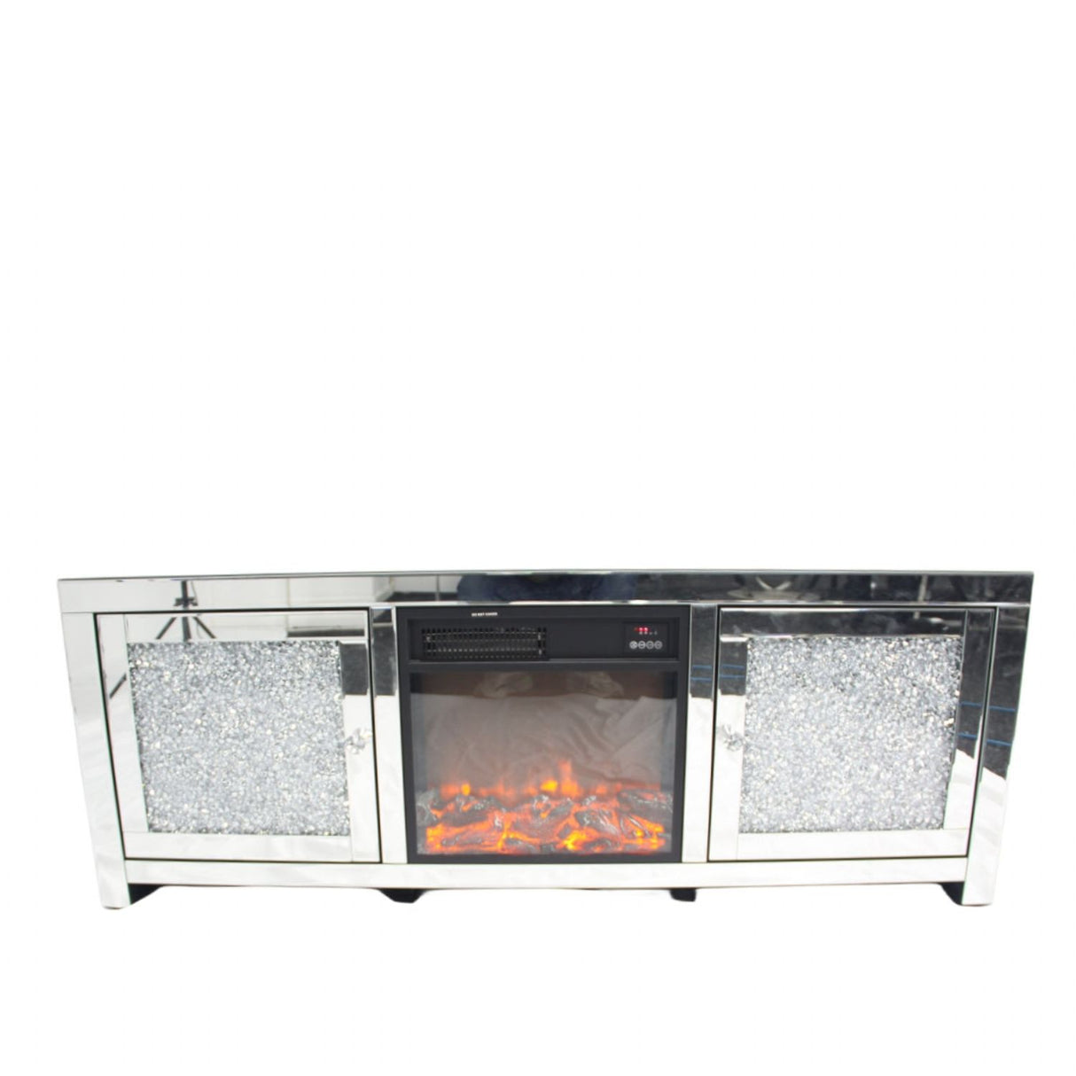 Silver Mirrored TV Unit with Crystal Door Panels and Built In Electric Heater