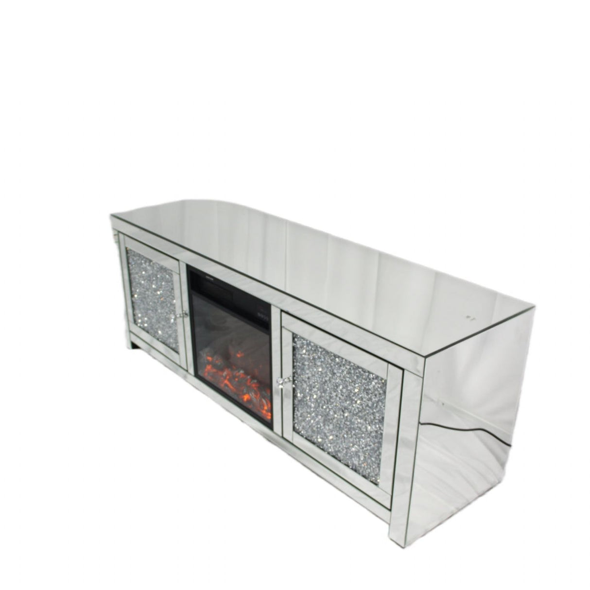 Silver Mirrored TV Unit with Crystal Door Panels and Built In Electric Heater