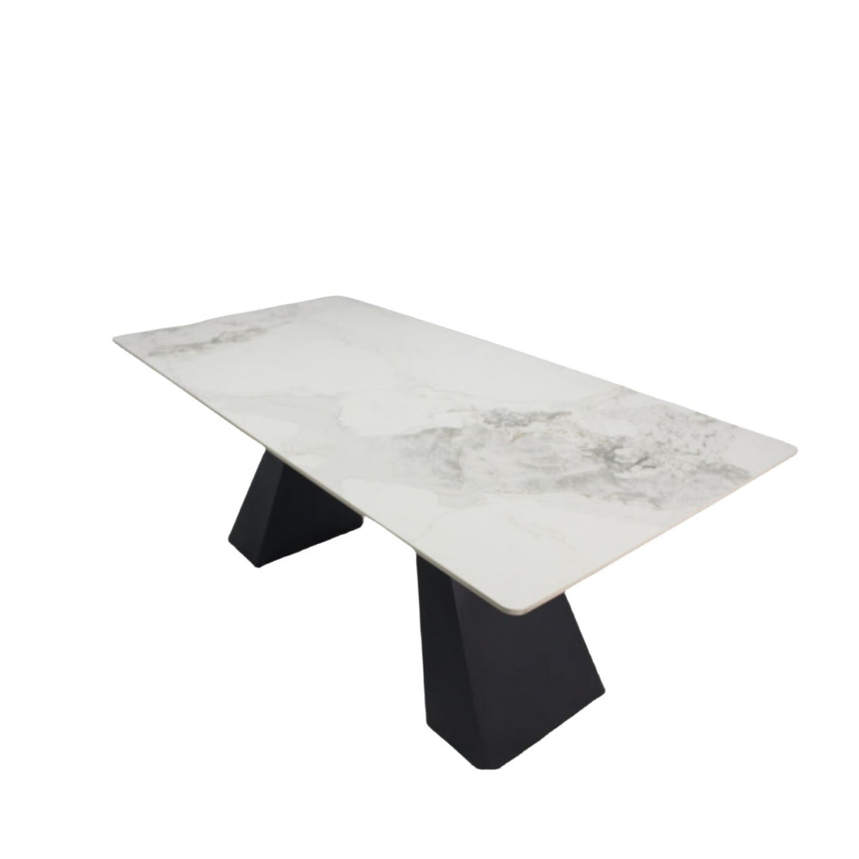 Modern White Marble Effect Ceramic 6 Seater Rectangular Dining Table with Black Angular Legs