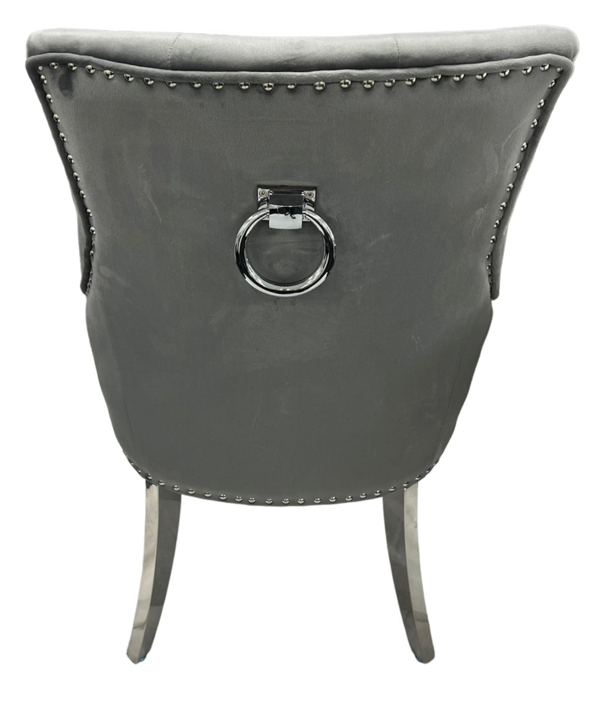 Modern Dark Grey Velvet Dining Chair with Ring Knocker and Chrome Legs
