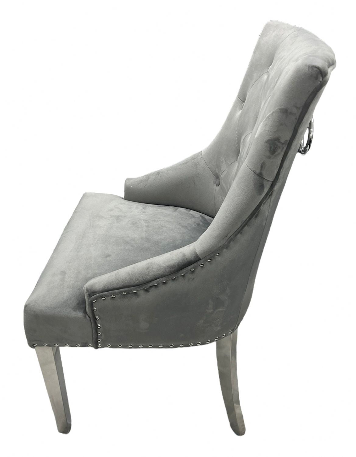 Modern Dark Grey Velvet Dining Chair with Ring Knocker and Chrome Legs