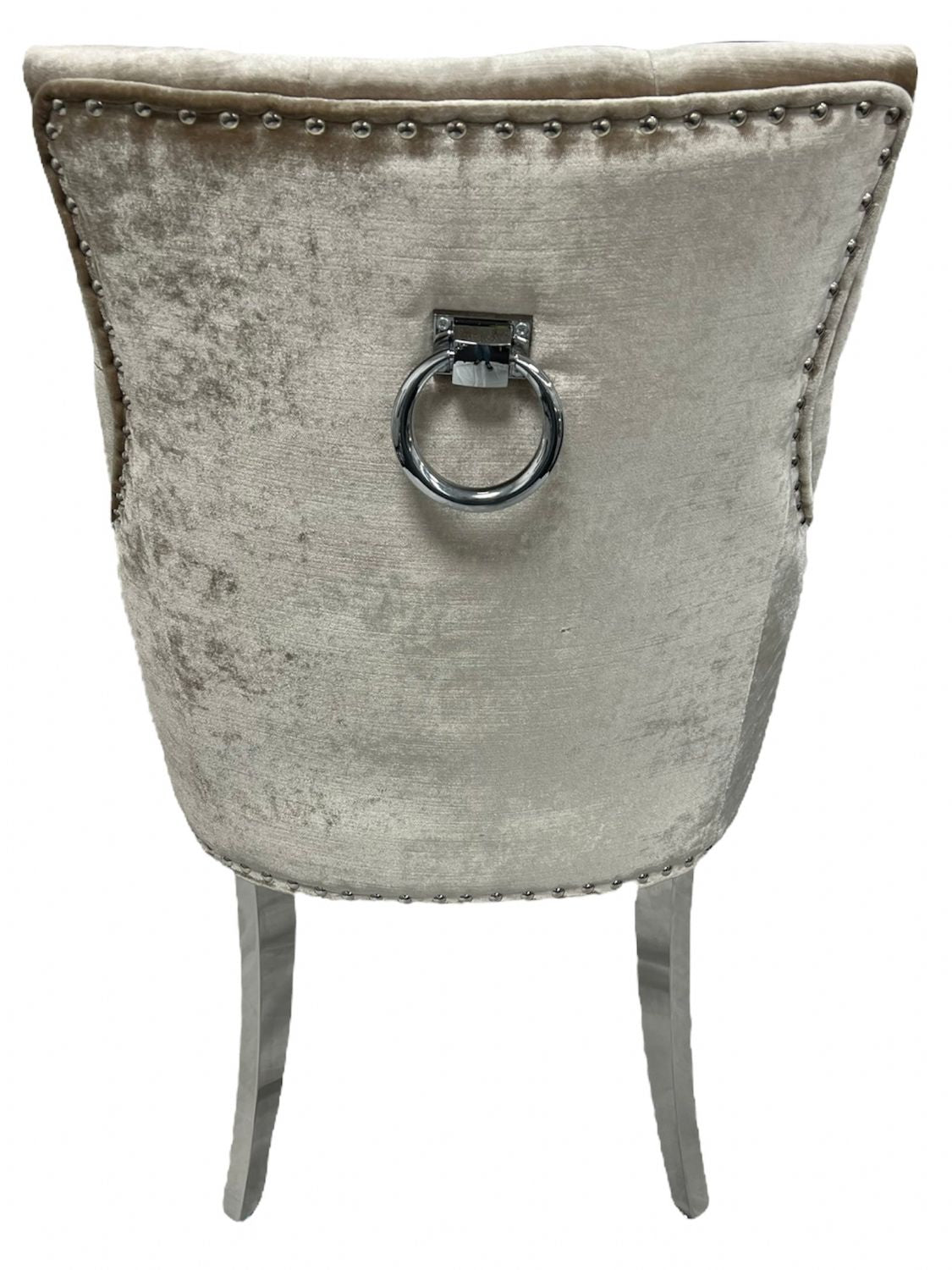 Modern Mink Shimmer Velvet Dining Chair with Ring Knocker and Chrome Legs