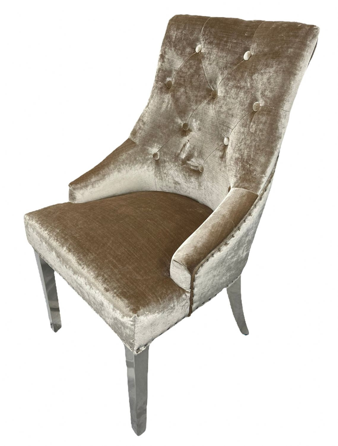 Modern Mink Shimmer Velvet Dining Chair with Ring Knocker and Chrome Legs