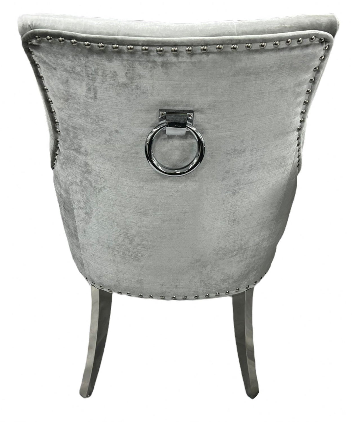 Luxury Silver Grey Shimmer Velvet Dining Chair with Ring Knocker and Chrome Legs