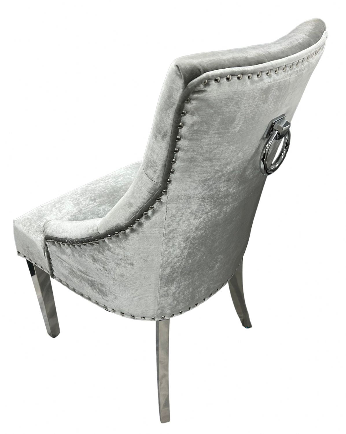 Luxury Silver Grey Shimmer Velvet Dining Chair with Ring Knocker and Chrome Legs