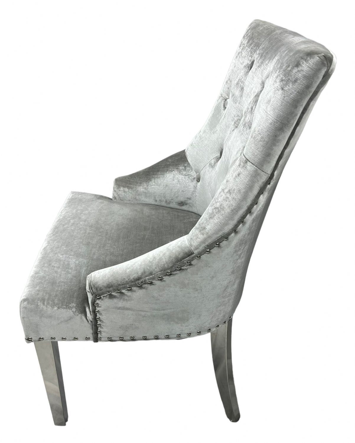Luxury Silver Grey Shimmer Velvet Dining Chair with Ring Knocker and Chrome Legs