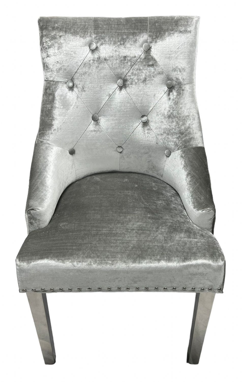 Luxury Silver Grey Shimmer Velvet Dining Chair with Ring Knocker and Chrome Legs