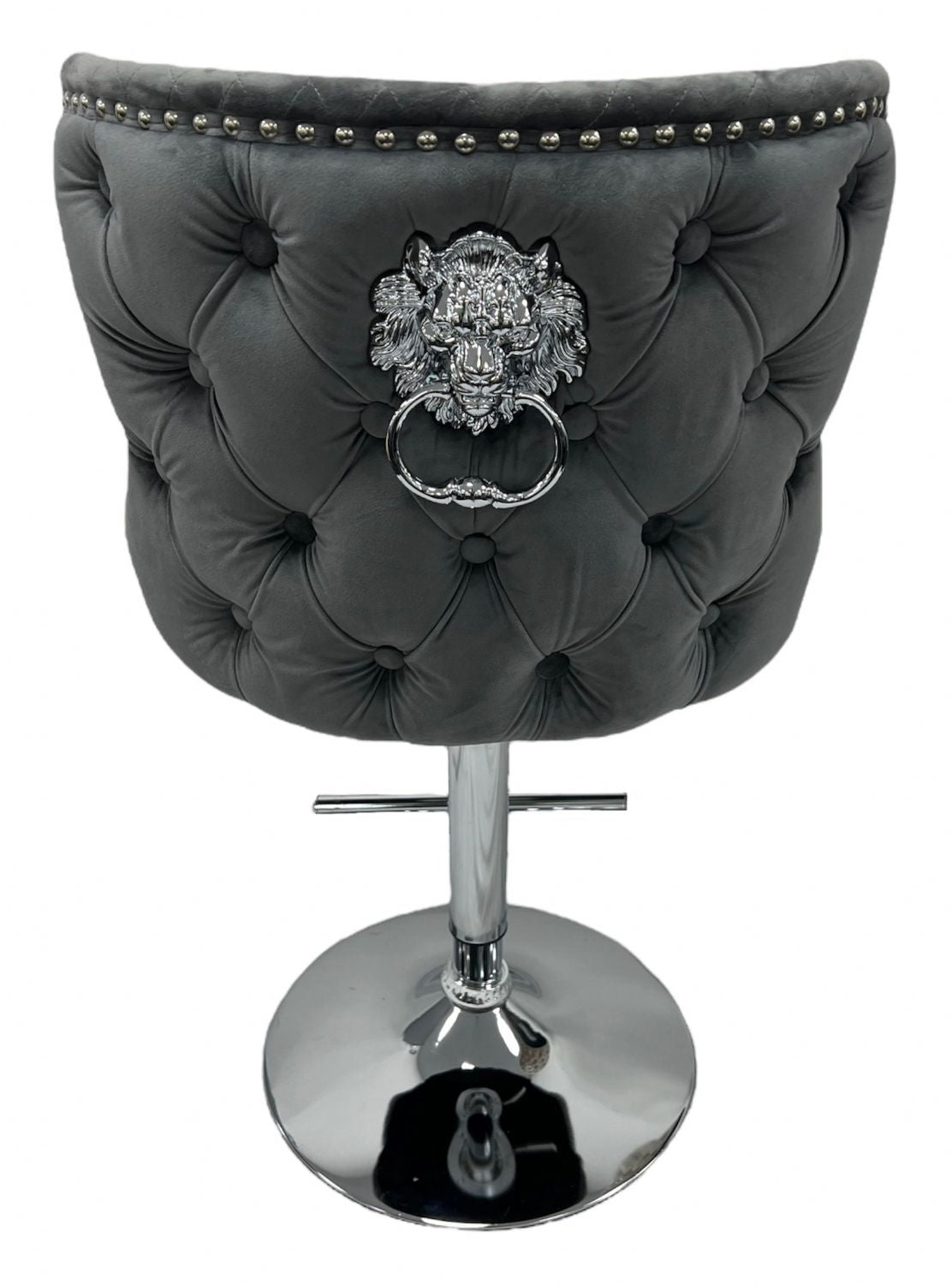 Luxury Dark Grey Velvet Bar Stool with Chrome Base and Lion Knocker Detail
