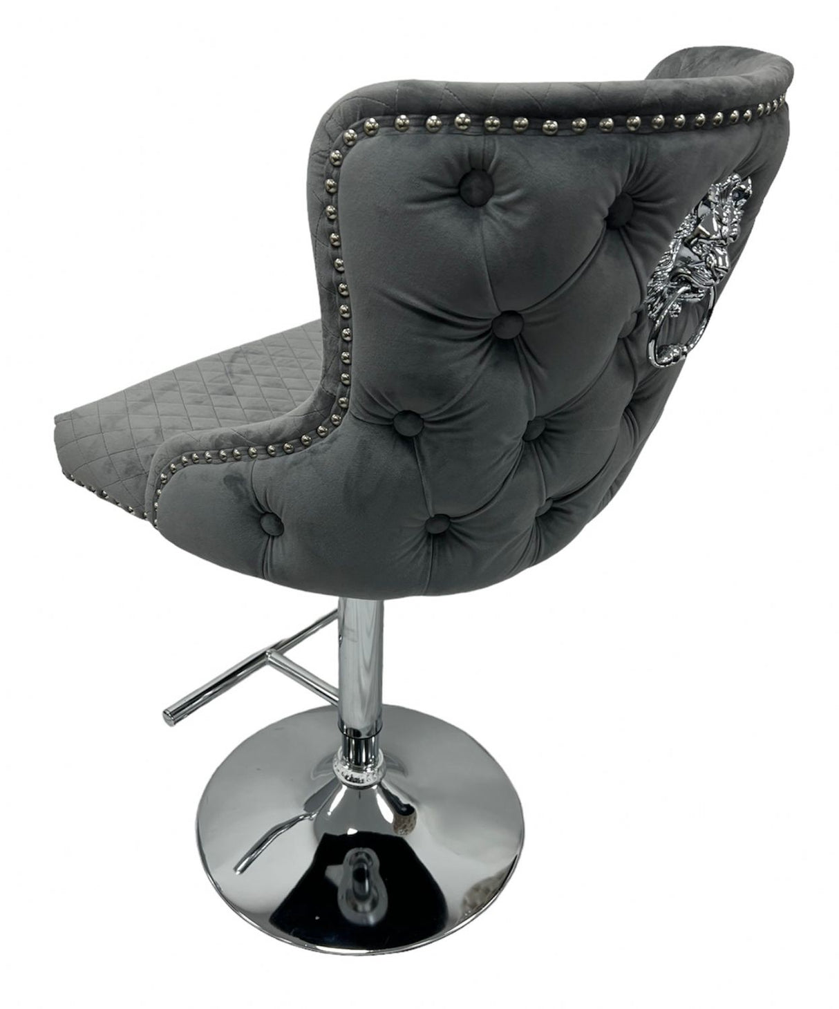 Luxury Dark Grey Velvet Bar Stool with Chrome Base and Lion Knocker Detail
