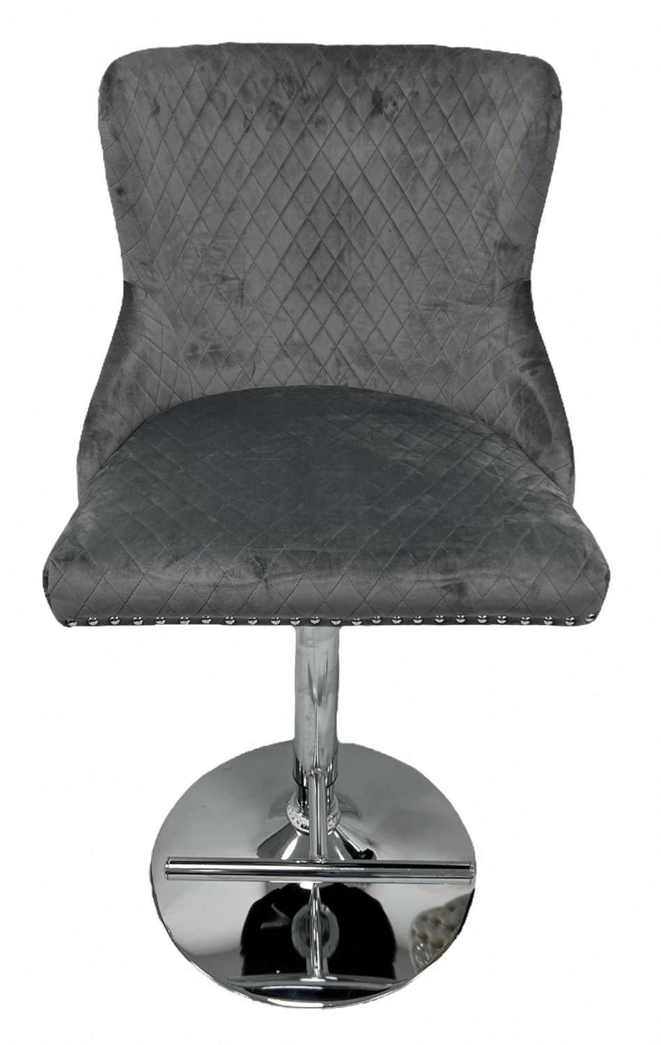 Luxury Dark Grey Velvet Bar Stool with Chrome Base and Lion Knocker Detail