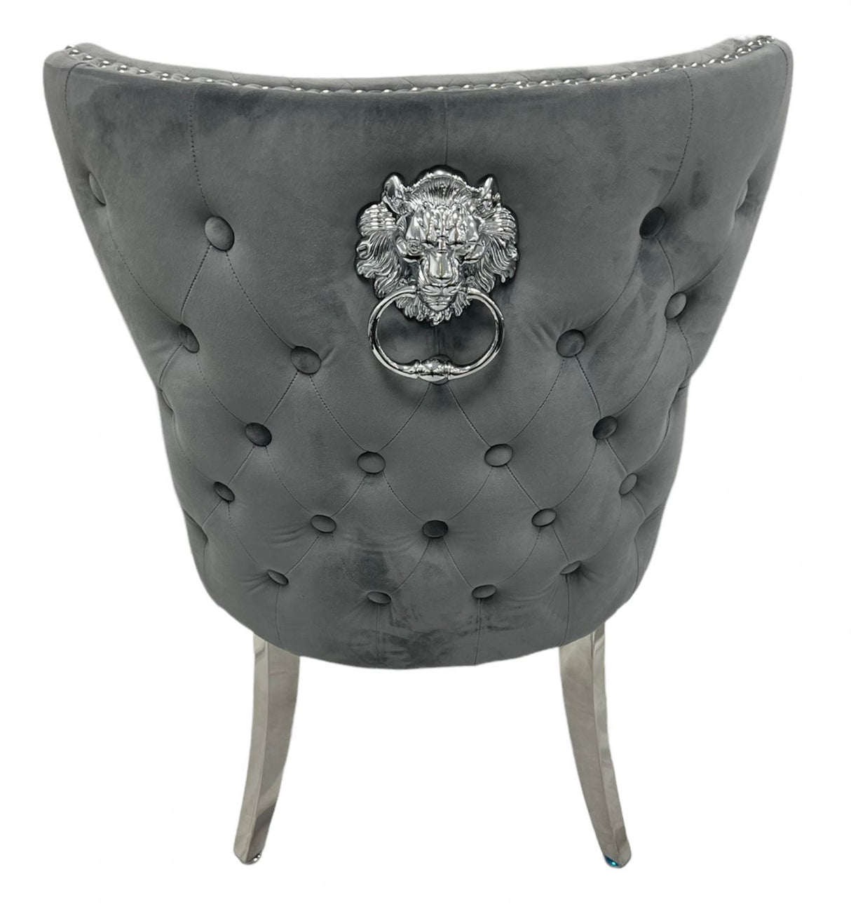 Luxury Plush Dark Grey Velvet Dining Chair with Lion Knocker and Chrome Legs