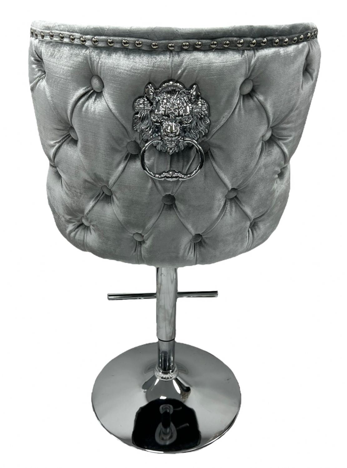 Luxury Light Grey Velvet Chesterfield Bar Stool with Chrome Base and Lion Knocker