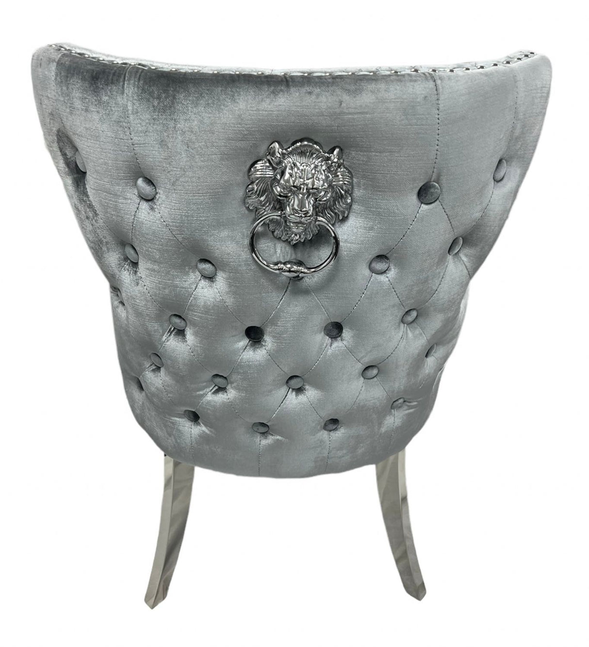 Luxury Plush Light Grey Velvet Dining Chair with Lion Knocker and Chrome Legs