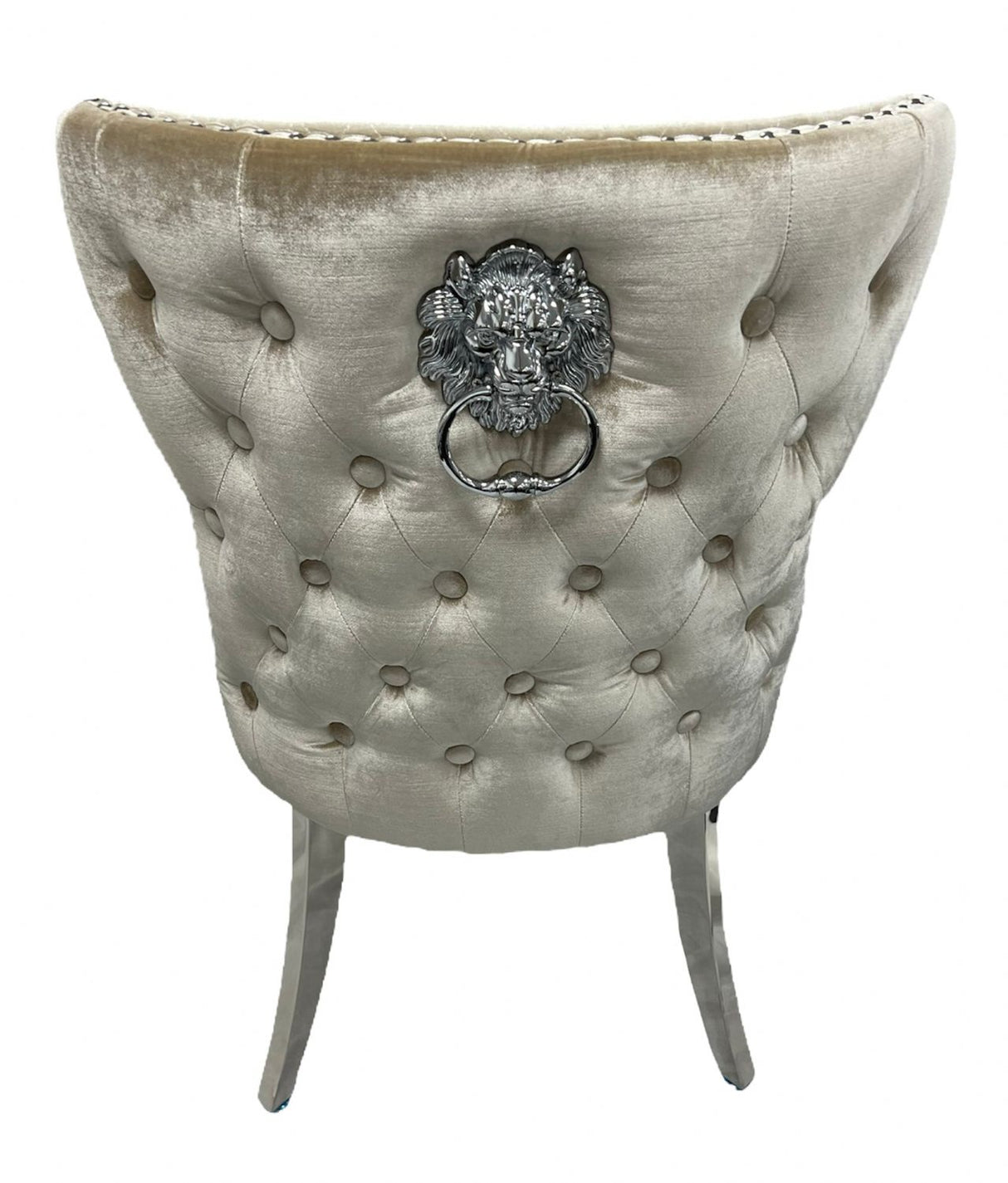 Luxury Mink Shimmer Velvet Dining Chair with Lion Knocker and Chrome Legs