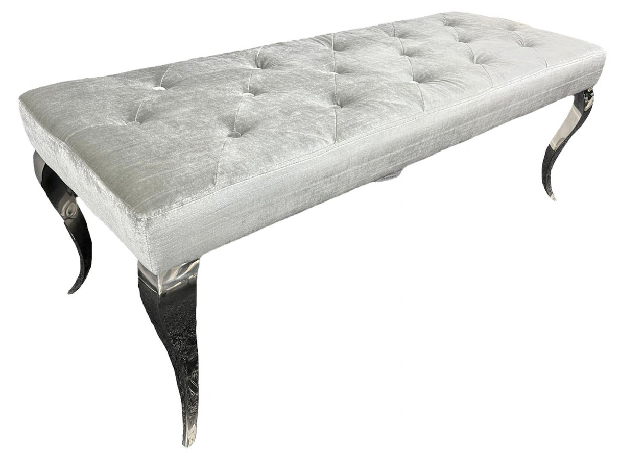 Luxury Silver Grey Shimmer Velvet Bench with Chrome Legs 160cm