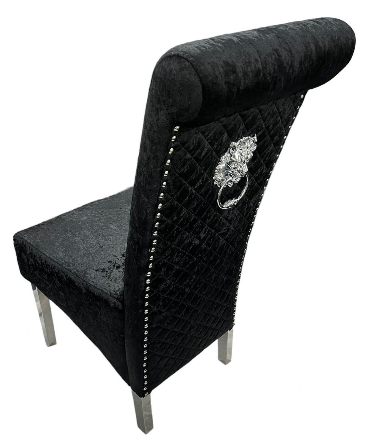 Luxury Crushed Black Velvet Dining Chair with Lion Knocker and Chrome Legs