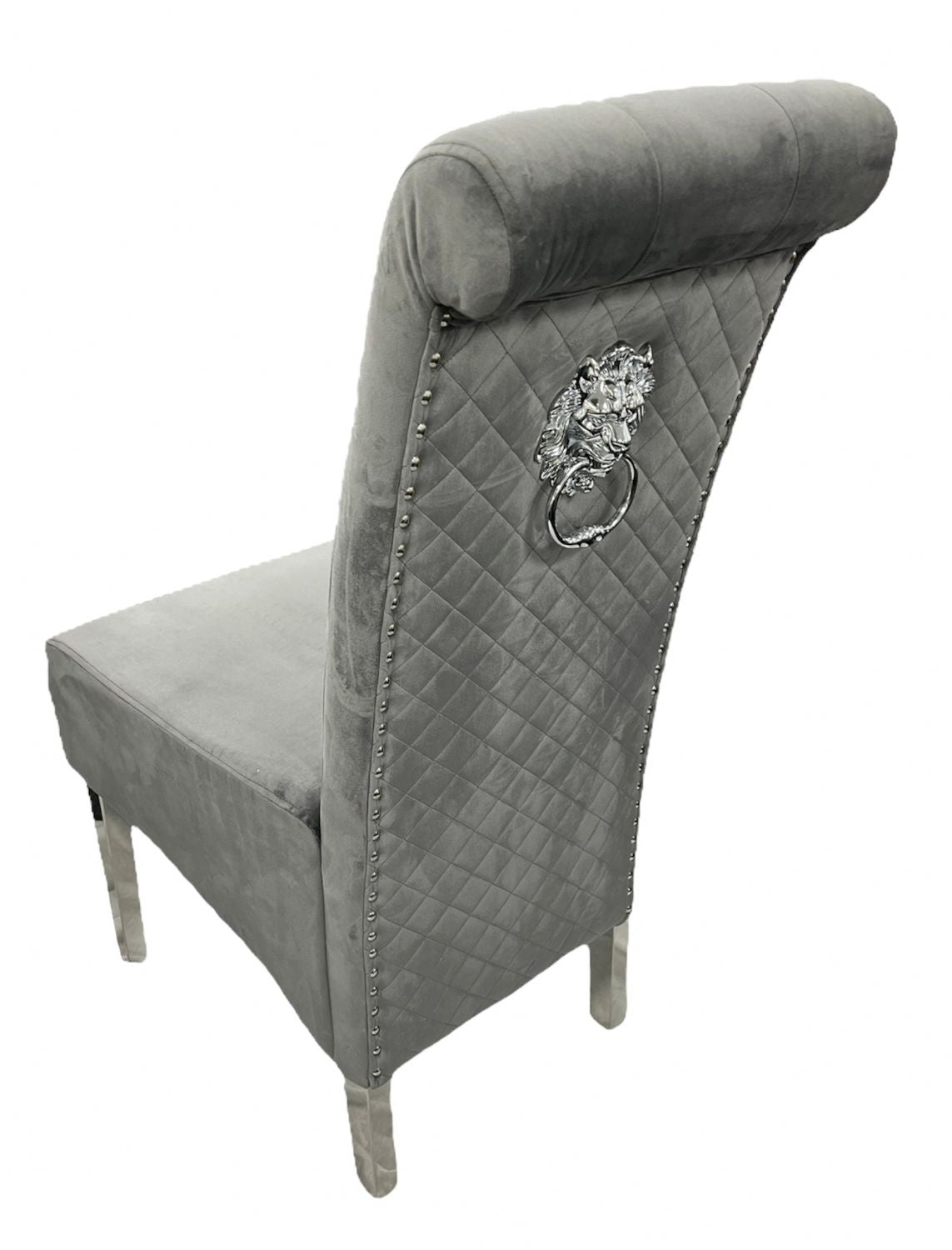Luxury Dark Grey Velvet Dining Chair with Lion Knocker and Chrome Legs