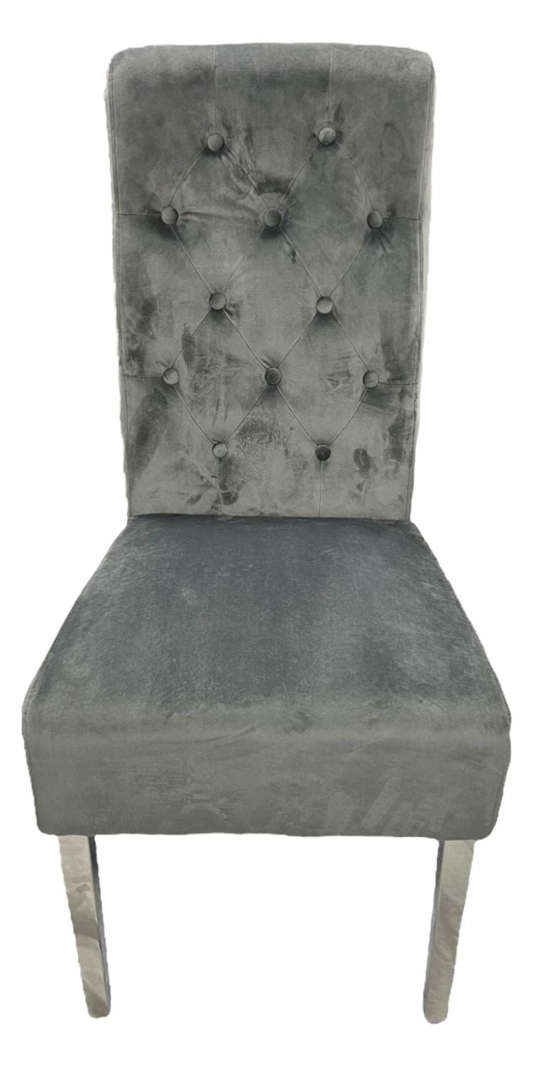 Luxury Dark Grey Velvet Dining Chair with Lion Knocker and Chrome Legs