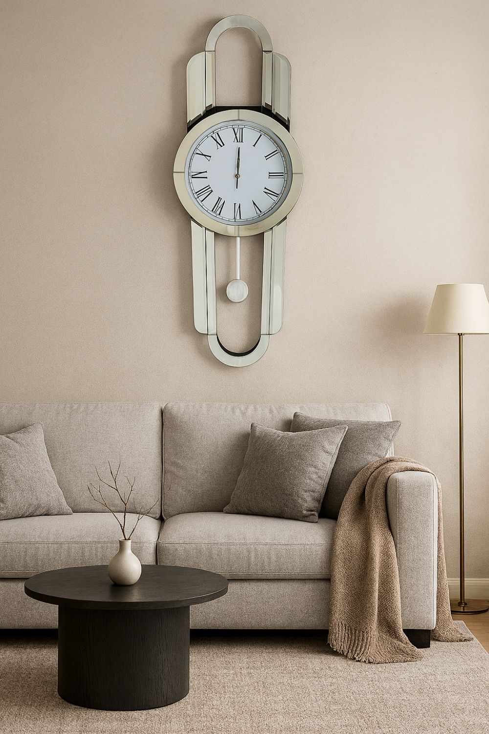 Mirrored Art Deco Pendulum Wall Clock with Roman Numeral Dial