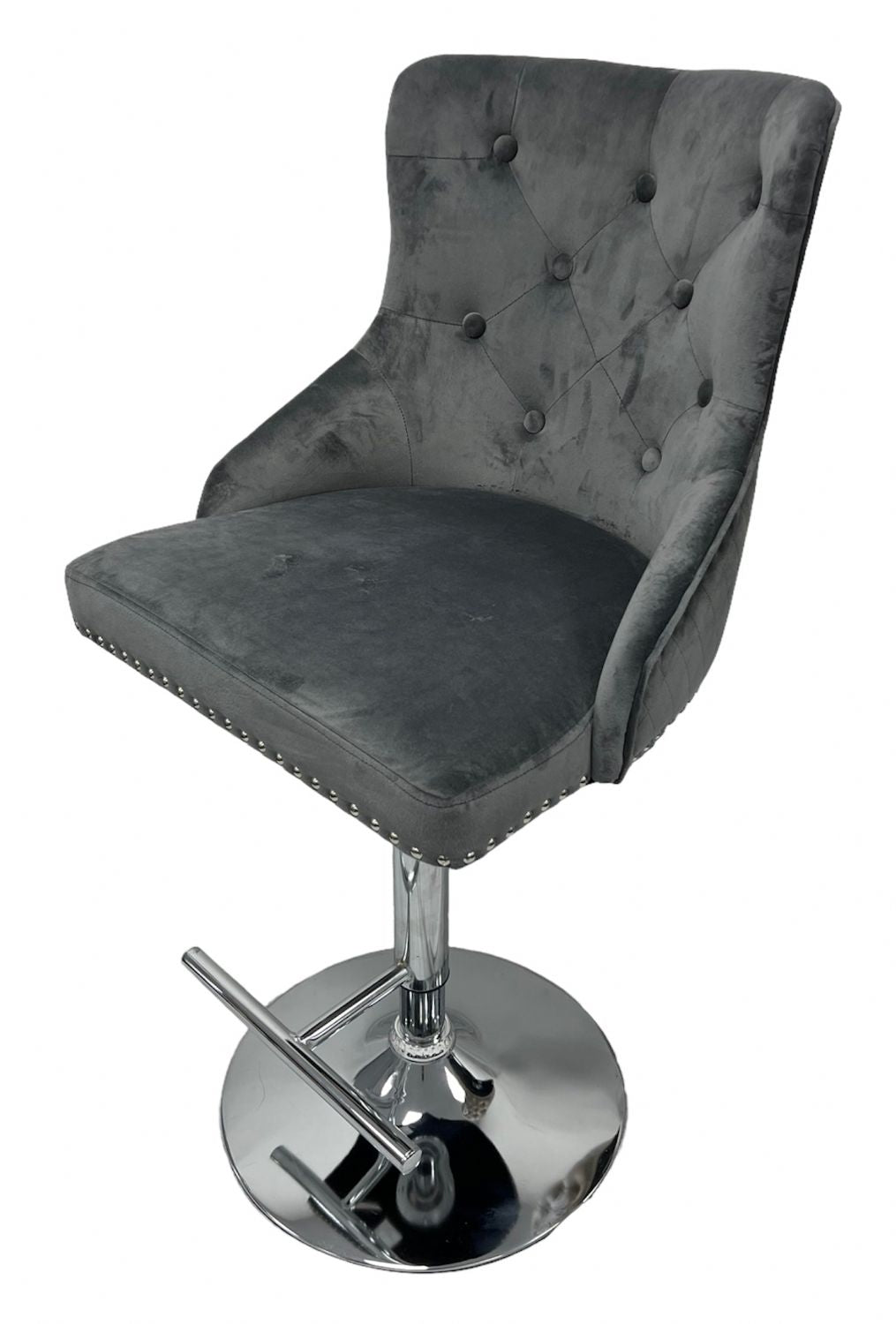 Luxury Dark Grey Velvet Button Tufted Bar Stool with Chrome Base and Lion Knocker