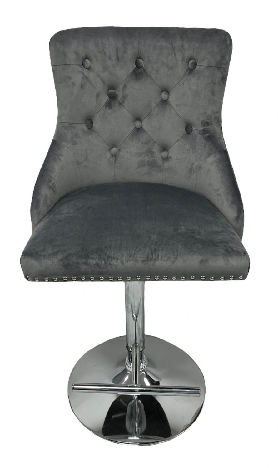 Luxury Dark Grey Velvet Button Tufted Bar Stool with Chrome Base and Lion Knocker
