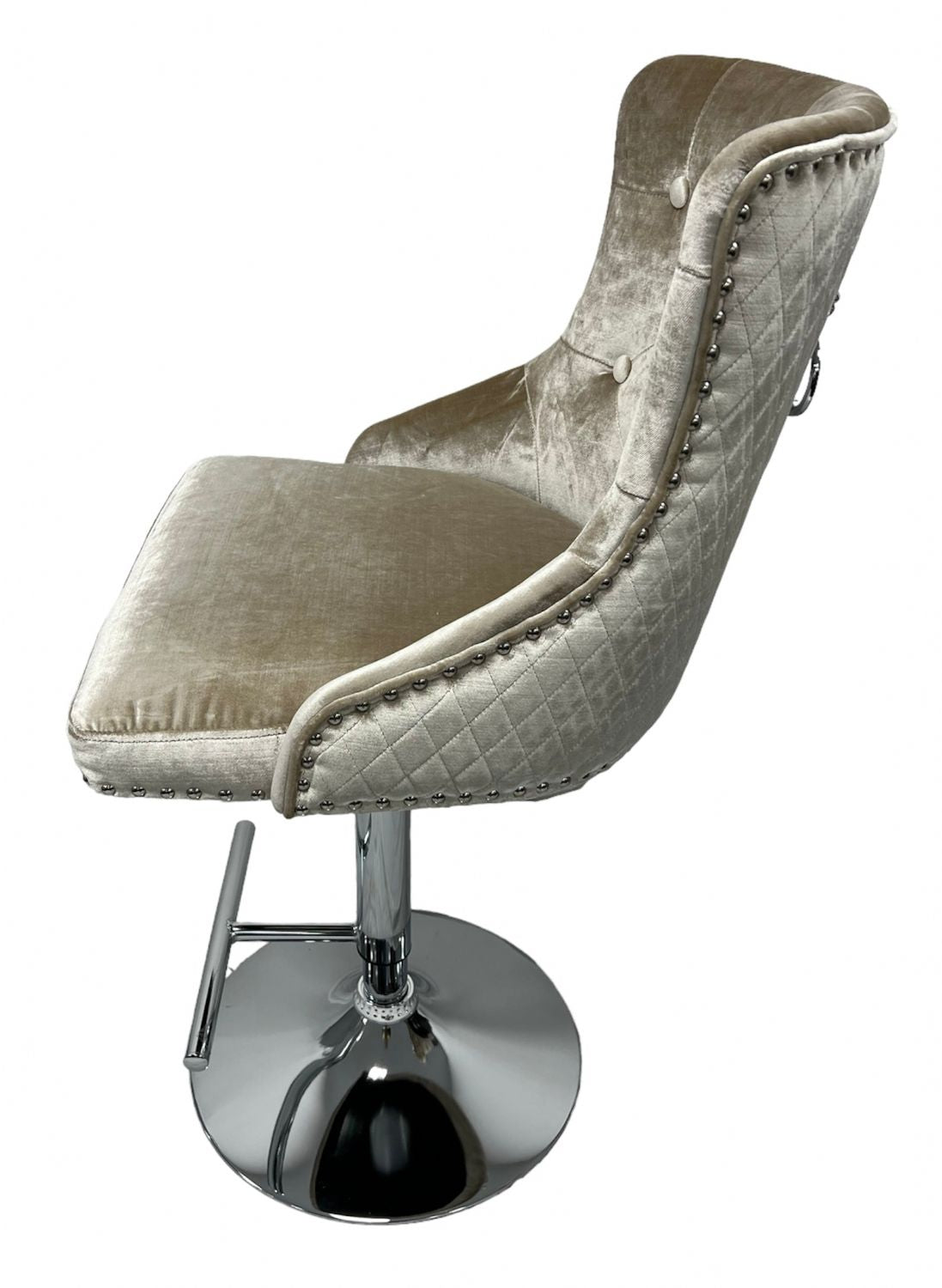 Traditional Mink Velvet Adjustable Bar Stool with Lion Knocker Back and Chrome Base