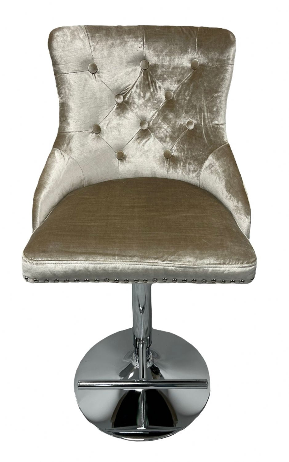 Traditional Mink Velvet Adjustable Bar Stool with Lion Knocker Back and Chrome Base
