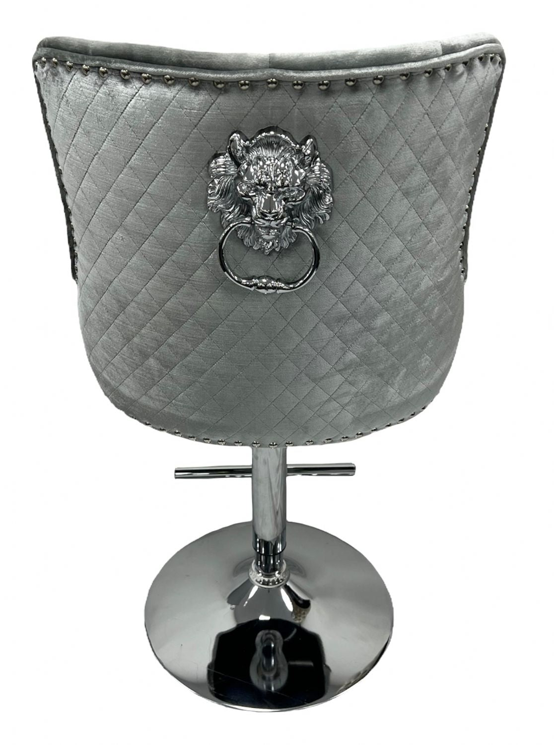 Modern Silver Grey Shimmer Velvet Bar Stool with Lion Knocker and Chrome Pedestal Base