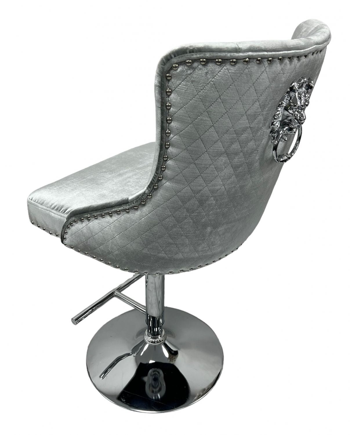 Modern Silver Grey Shimmer Velvet Bar Stool with Lion Knocker and Chrome Pedestal Base