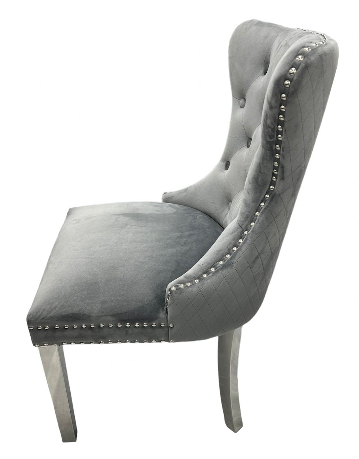 Luxury Dark Grey Velvet Dining Chair with Lion Knocker and Chrome Legs
