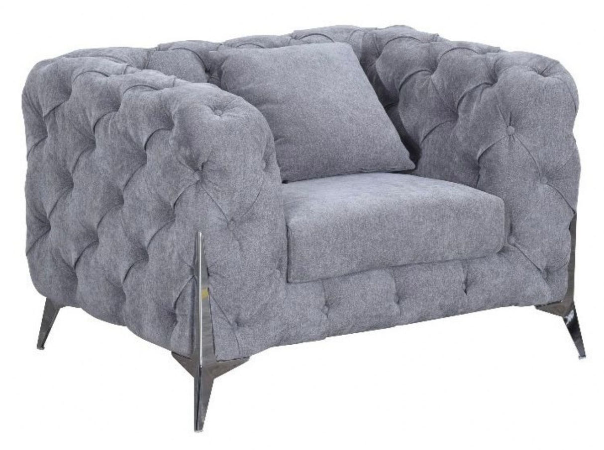 Modern Grey Fabric Chesterfield Sofa Chair with Chrome Accent Legs