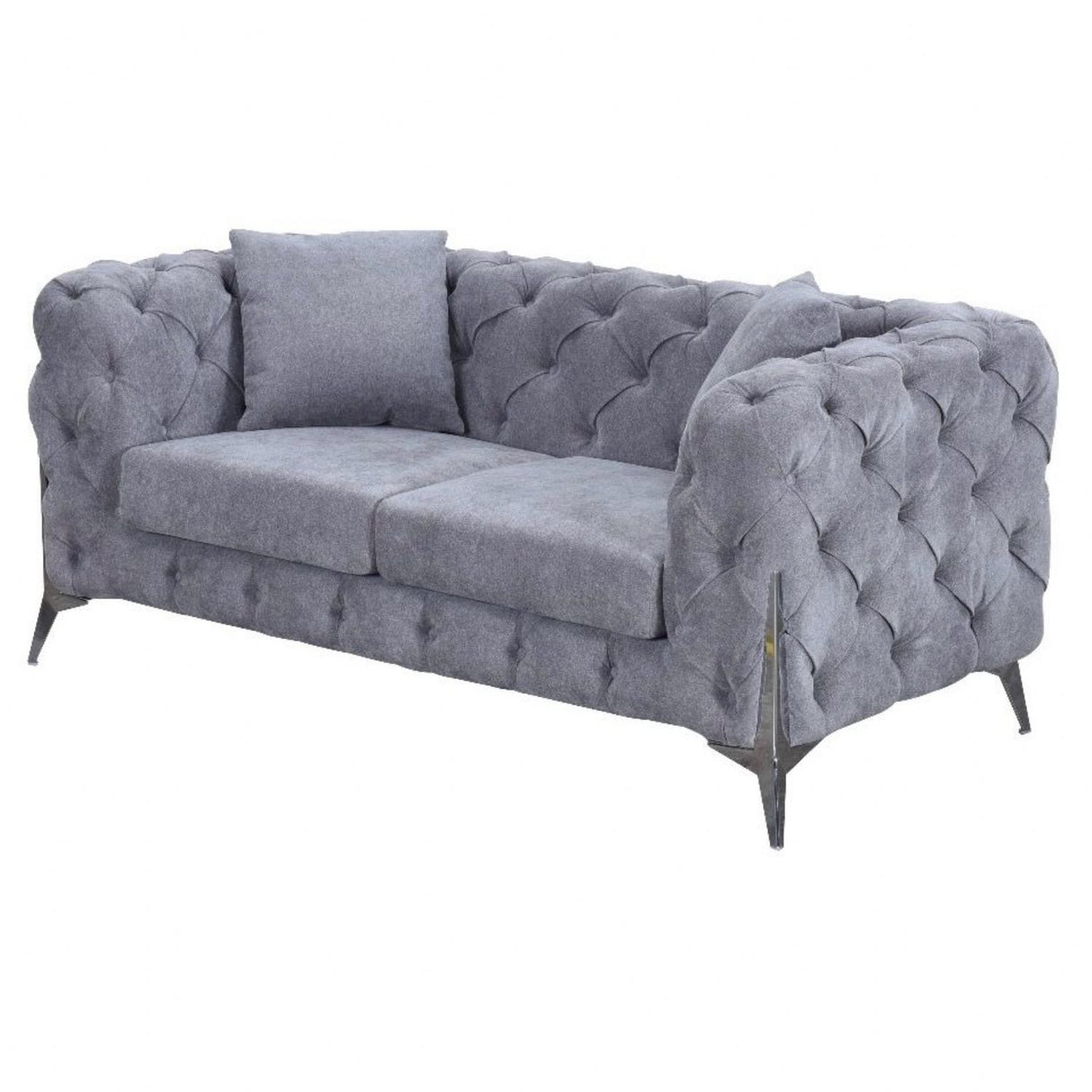 Modern Grey Fabric Chesterfield 2 Seater Sofa with Chrome Accent Legs