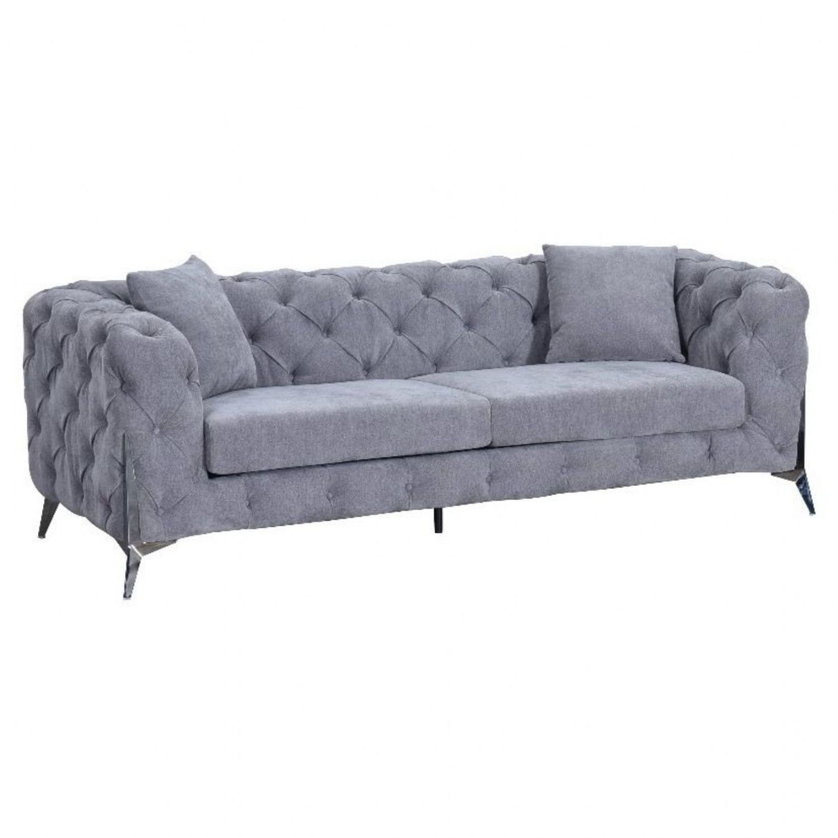 Modern Grey Fabric Chesterfield 3 Seater Sofa with Chrome Accent Legs