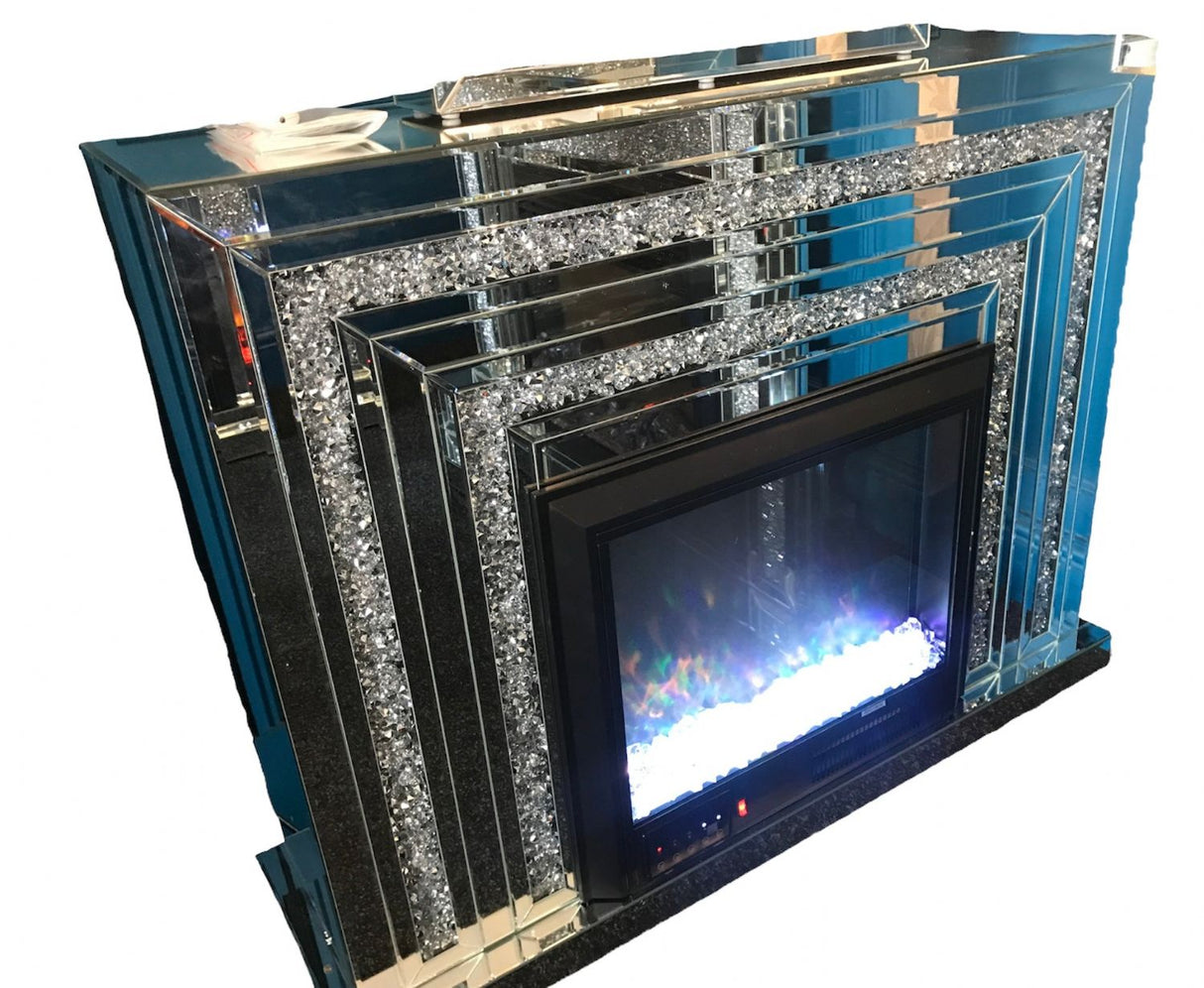 Silver Mirrored Fireplace Surround with Crystal and Colour Changing Electric Fire