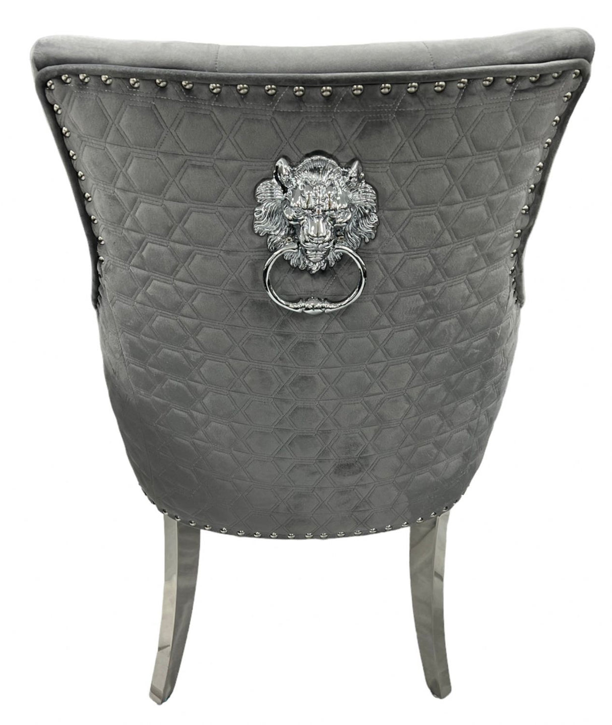 Modern Dark Grey Velvet Dining Chair with Lion Knocker and Chrome Legs